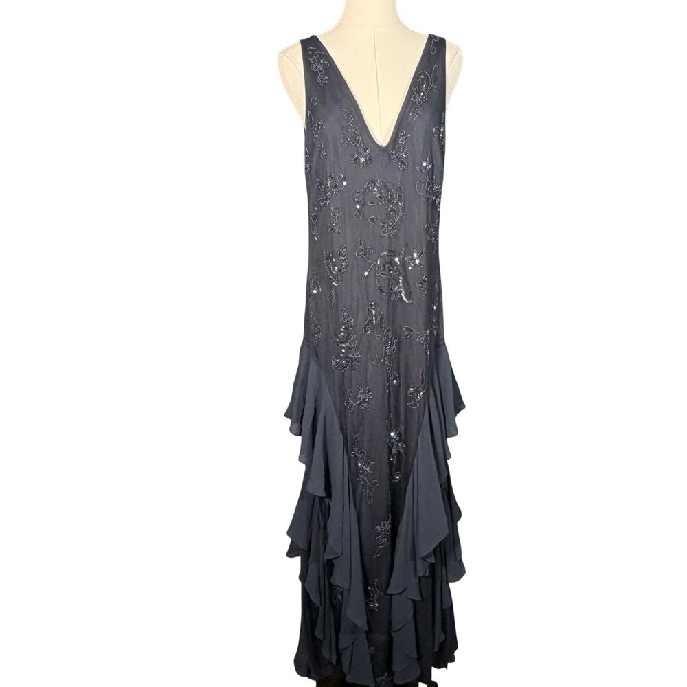Lauren Ralph Lauren Charcoal Gray Beaded Ruffle Maxi Dress
